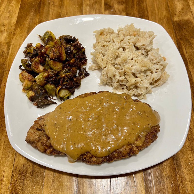 Chicken Fried Steak with Mac & Cheese and Brussels Sprouts all gluten-free and dairy-free recipes by Elena McCown, LLC a health coach in Franklin, TN
