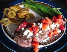 Strawberry and Goat Cheese Balsamic NY Strip Steak with Plantain Chips
