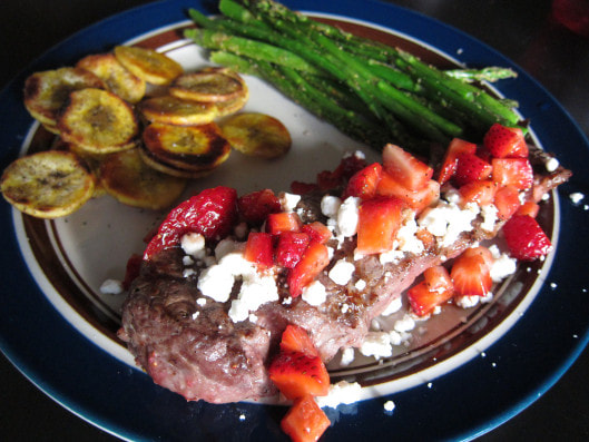 Strawberry and Goat Cheese Balsamic NY Strip Steak with Plantain Chips and Asparagus